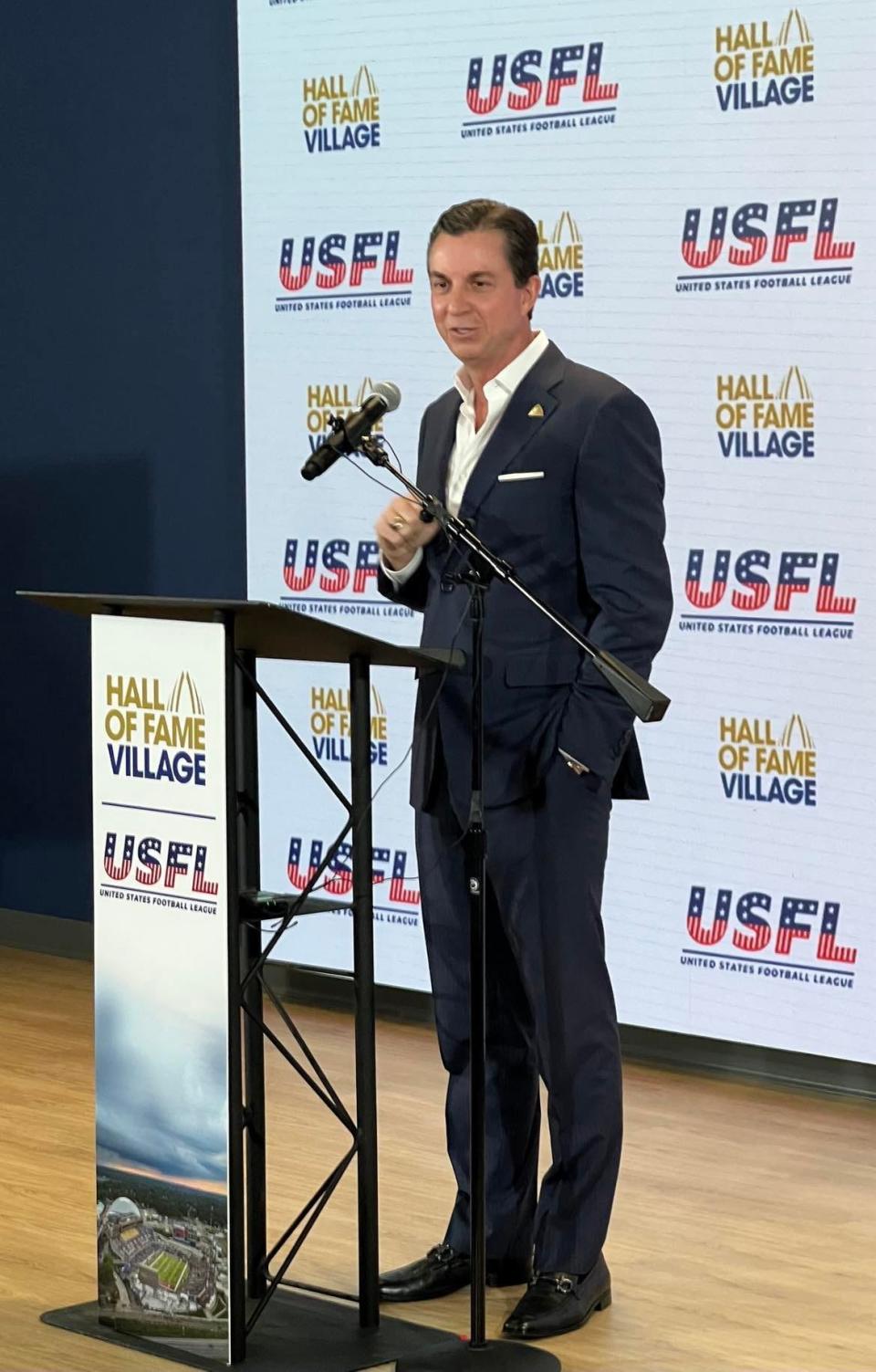 Michael Crawford, CEO of the Hall of Fame Resort & Entertainment Co., speaks at a joint press conference on Wednesday with the USFL. The New Jersey and Pittsburgh franchises will play their home games at Tom Benson Hall of Fame Stadium in Canton this coming season.