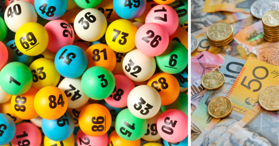 Lotto balls depicting different numbers and Australian money in a pile