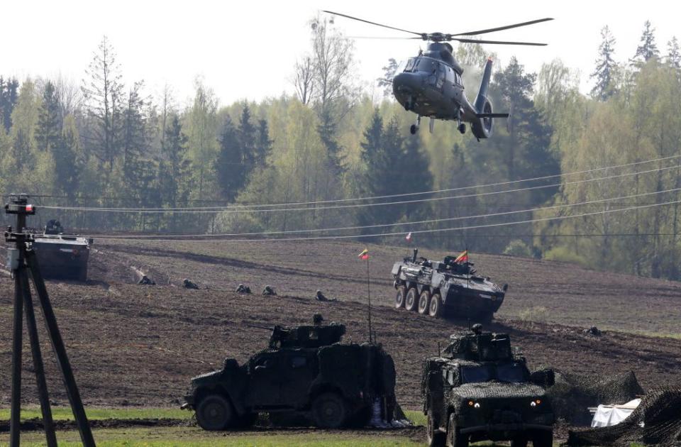 Lithuanian and Polish troops take part in the Lithuanian-Polish joint military exercise "Brave Griffin 24/II" on April 26, 2024 near Dirmiskiu village, Lithuania. (Petras Maluskas/AFP via Getty Images)