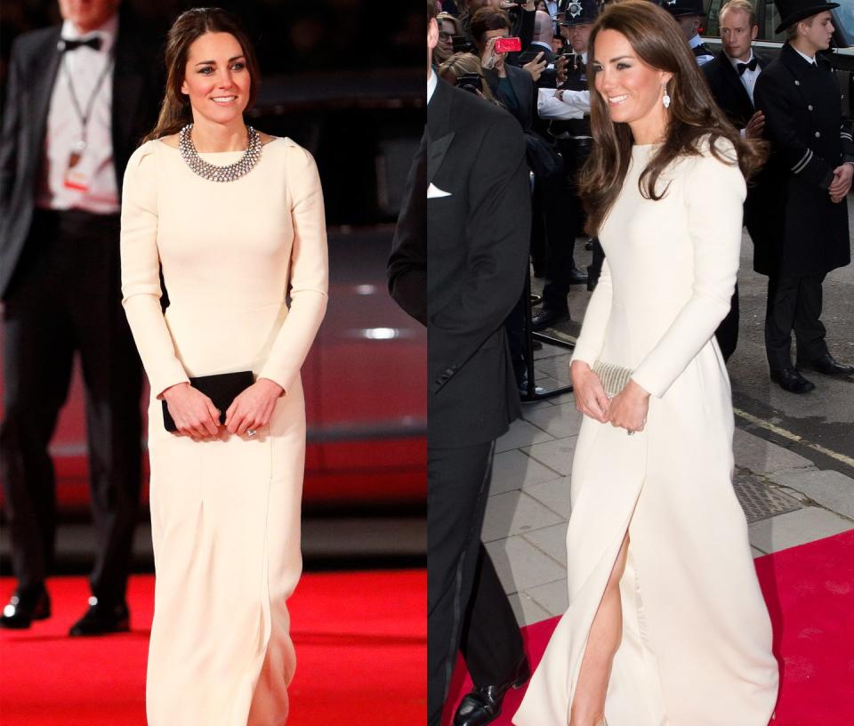 <p>Duchess Kate donned this simple ivory Roland Mouret gown to a dinner for the Thirty Club in May 2012 and to a film premiere in December 2013. </p>