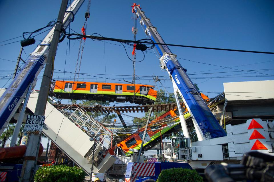 An elevated metro line collapsed in the Mexican capital on Monday, leaving at least 24 people dead and dozens injured as a train came plunging down, authorities said.