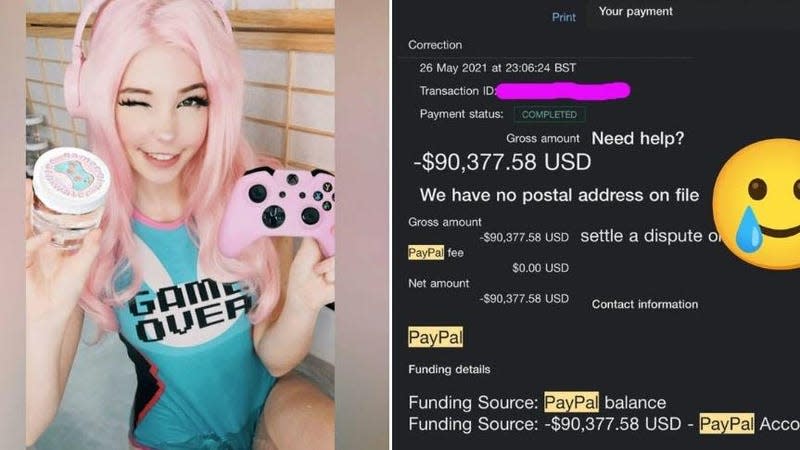 Belle Delphine tweeted earlier this month that PayPal kept all her Gamer Girl Bath Water sales. - Screenshot: Belle Delphine / Kotaku