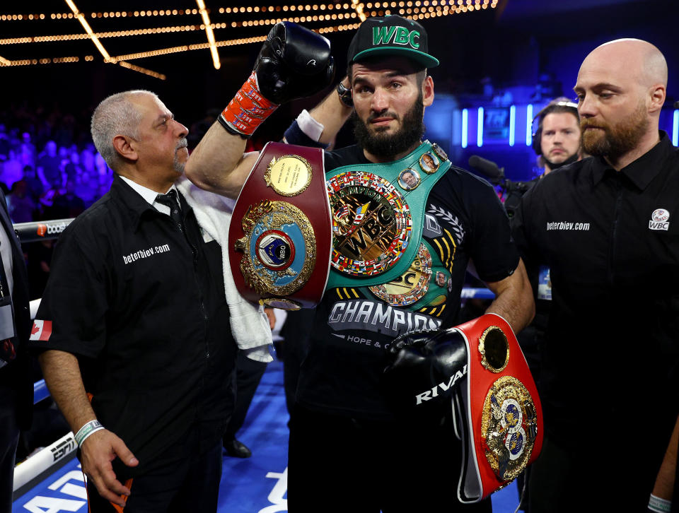 NEW YORK, NEW YORK - JUNE 18:  Artur Beterbiev celebrates after defeating Joe Smith Jr during the light heavyweight title bout at The Hulu Theater at Madison Square Garden on June 18, 2022 in New York City. The fight was stopped in the second round. (Photo by Elsa/Getty Images)