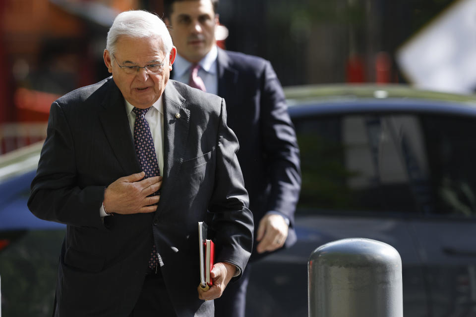 Senator Bob Menendez, D-N.J., arrives at Manhattan federal court, Tuesday, May 14, 2024, in New York. The corruption trial of Menendez has begun in Manhattan federal court. The 70-year-old Democrat is accused of accepting bribes of gold and cash to use his influence to aid three New Jersey businessmen. (AP Photo/Stefan Jeremiah)