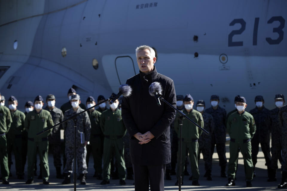 NATO Secretary-General Jens Stoltenberg delivers a speech to personnels of Japan Self Defence Forces at Iruma Air Base in Sayama, northwest of Tokyo, Tuesday, Jan. 31, 2023. (AP Photo/Eugene Hoshiko)