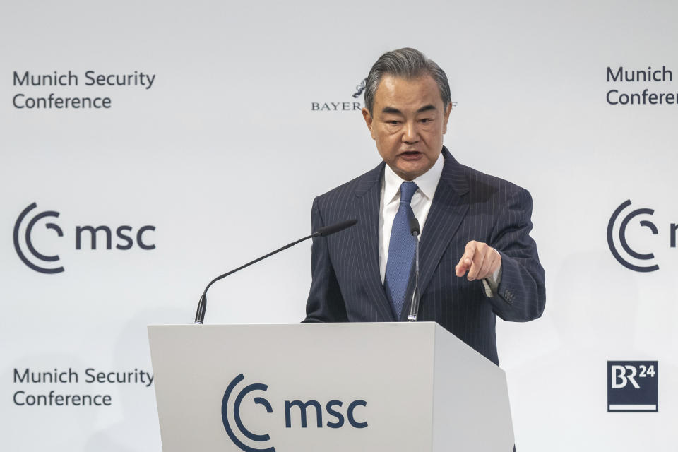 FILE - China's Director of the Office of the Central Foreign Affairs Commission Wang Yi speaks during the Munich Security Conference in Munich, Germany, Feb. 18, 2023. One year into Russia's war against Ukraine, China is offering a 12-point proposal to end the fighting. (Peter Kneffel/dpa via AP, File)