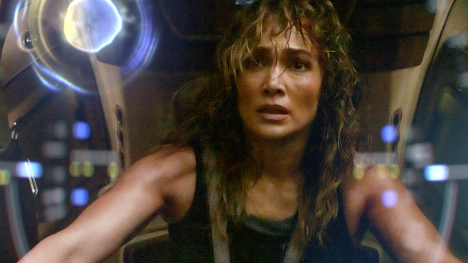 Jennifer Lopez looks horrified in a mech suit in Atlas.