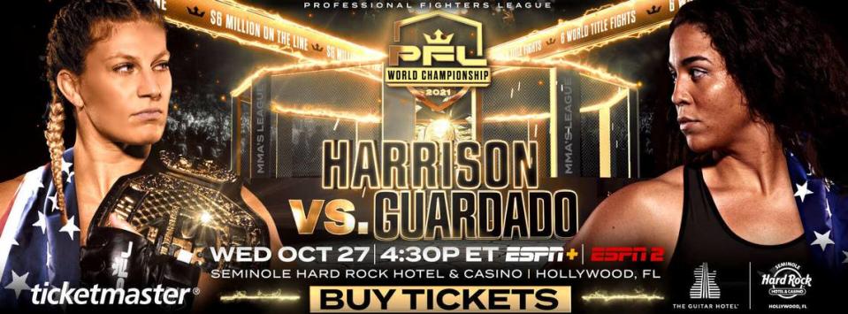 Kayla Harrison of American Top Team fights Taylor Guardado in the finals of the PFL MMA Championships on Oct. 27 on ESPN2 and ESPN+ from Hard Rock Live at the Seminole Hard Rock Hotel & Casino near Hollywood in South Florida. There will be six title fights with each champ winning $1-million.