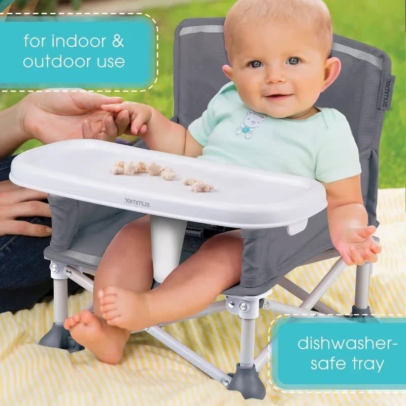 Baby seated in a portable high chair with a tray, suitable for indoor and outdoor use. Dishwasher-safe tray feature highlighted