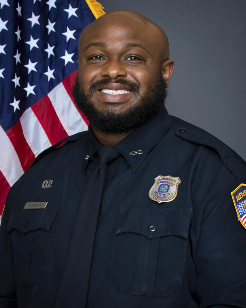 This image provided by the Memphis Police Department shows officer Desmond Mills, Jr. Memphis is city on edge ahead of the possible release of video footage of a Black man’s violent arrest that has led to three separate law enforcement investigations and the firings of five police officers after he died in a hospital. Relatives of Tyre Nichols are scheduled to meet with city officials Monday, Jan. 23, 2023 to view video footage of his Jan. 7 arrest. (Memphis Police Department via AP)