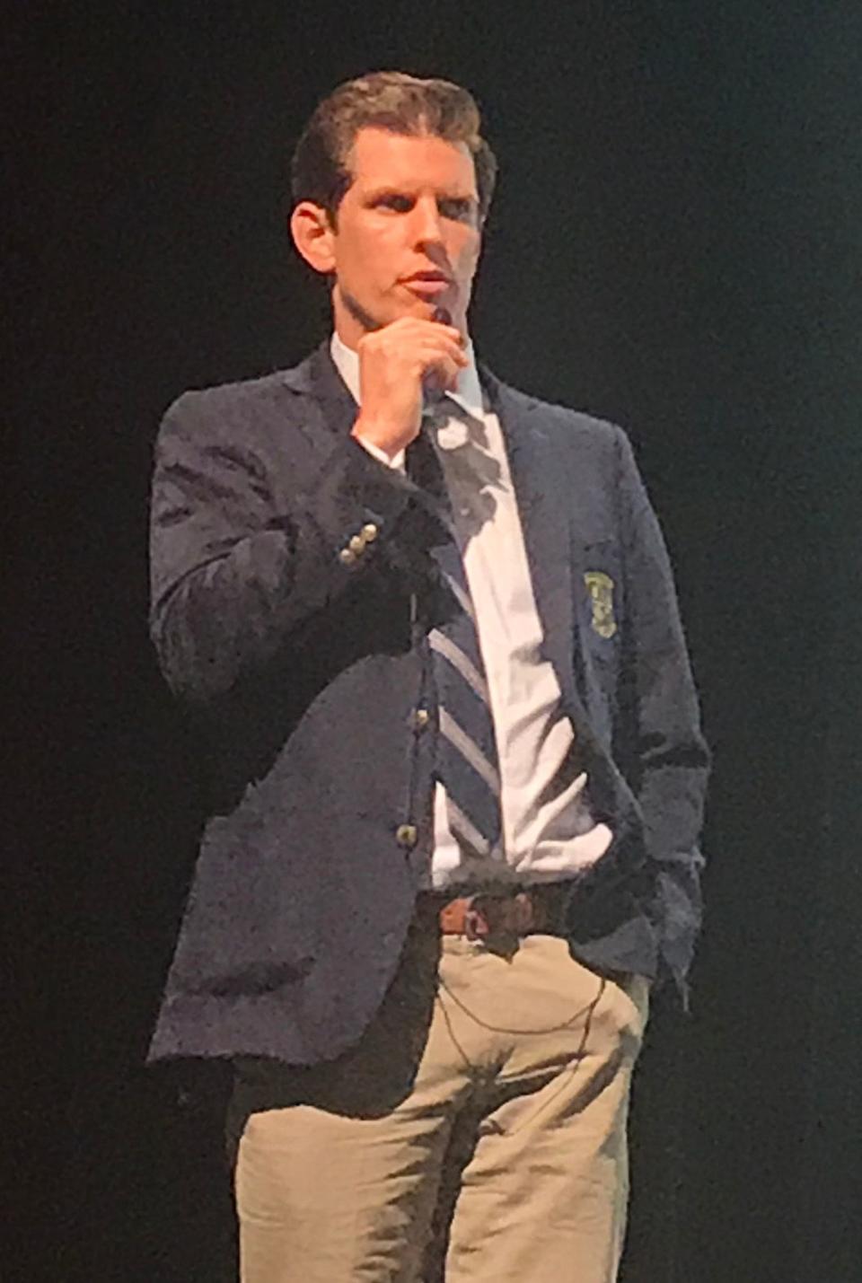 Jamison Monroe, founder and CEO of the teen mental health treatment company, Newport Academy, is shown at a recent community meeting in McLean, Va..