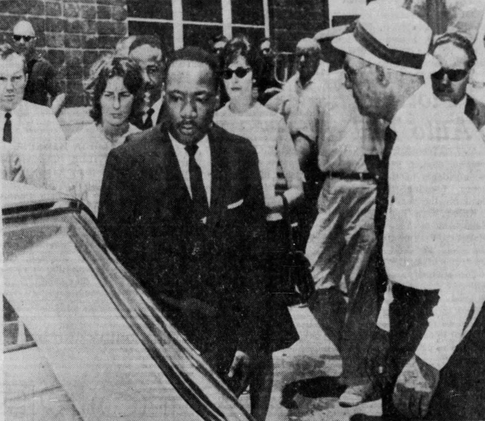 The Rev. Dr. Martin Luther King is put into a police car by Police Chief Virgil Stuart in St. Augustine on June 11, 1964, after he was arrested for attempting to integrate a downtown motel restaurant, the Monson Motor Lodge. He was charged with trespassing, intent to breach peace and conspiracy after being warned by the motel manager to leave. 