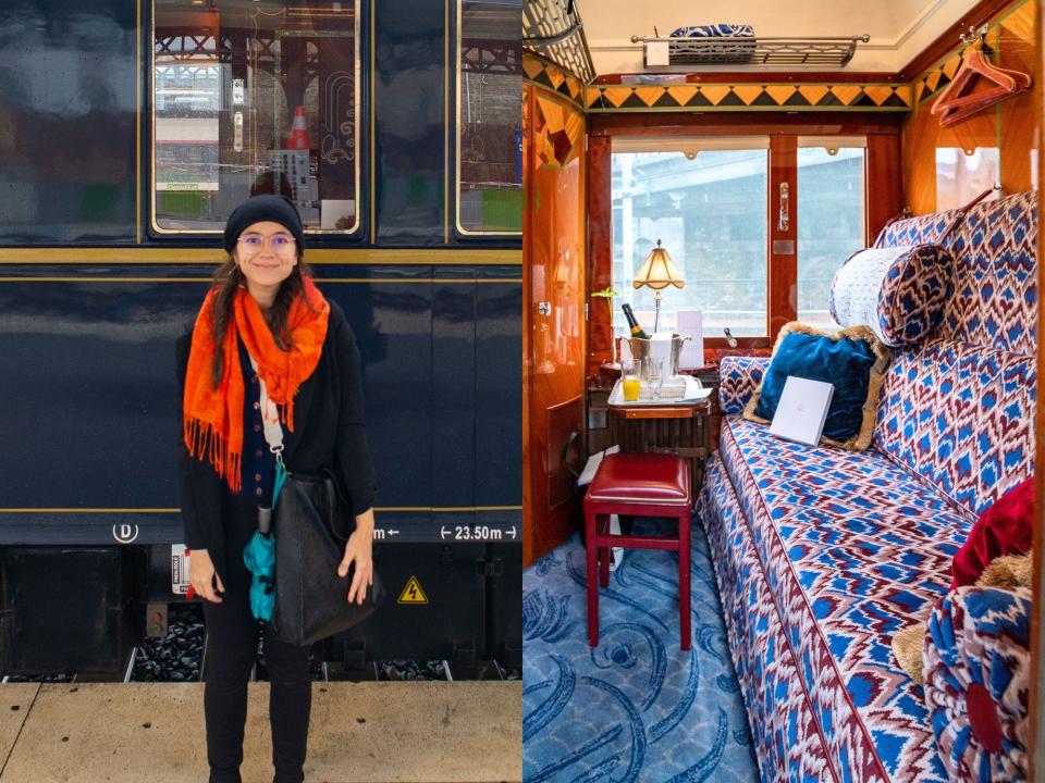 Right: The author stands in front of a navy blue train car with windows in the background. Left: Inside a train cabin with a plush, red and blue couch and wood finishings