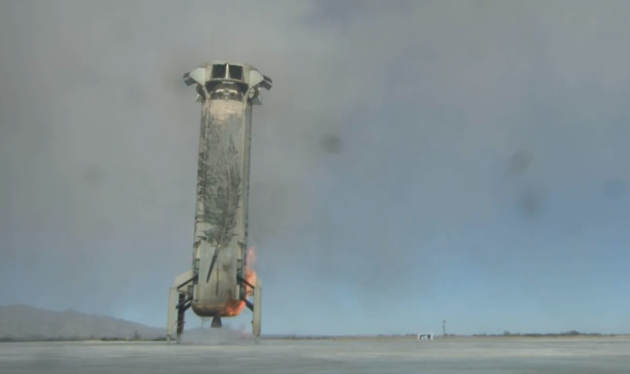 The booster of Blue Origin's New Shepard rocket makes a successful landing.