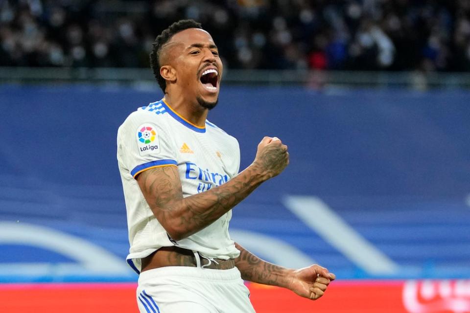 Eder Militao celebrates Real Madrid’s equaliser (Manu Fernandez/AP). (AP)