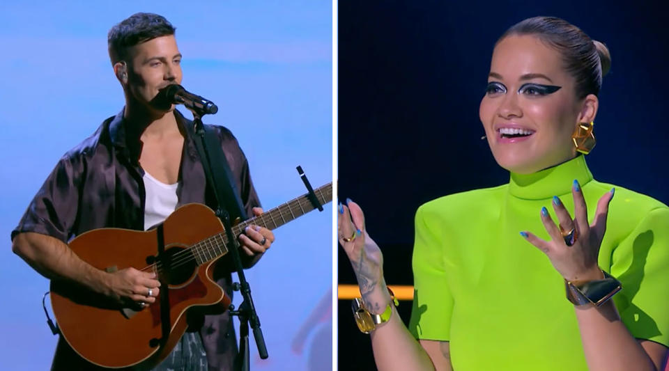 Lachie Gill on the left, singing his winners single with his guitar on The Voice. Rita Ora being happy for him on The Voice, smilling in a green outfit.