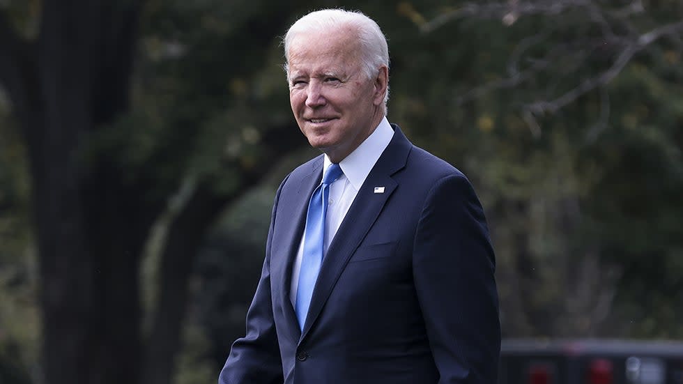 President Biden walks to board Marine One on the South Lawn for departure from White House in Washington, D.C., on October 15, 2021. Biden is traveling to Hartford and Storrs, Conn.