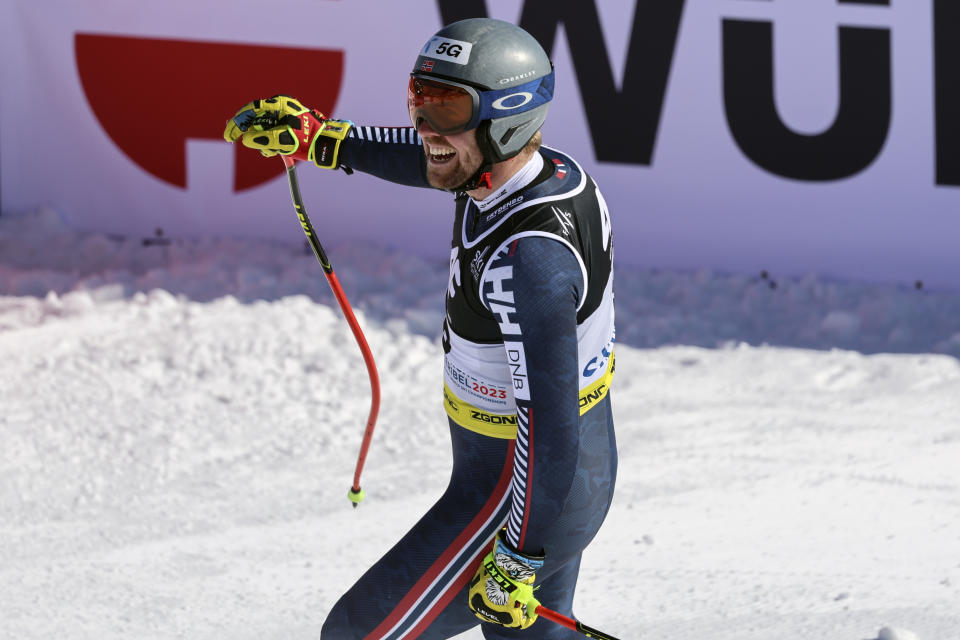 Norway's Aleksander Aamodt Kilde gets to the finish area after completing an alpine ski, men's World Championship super-G race, in Courchevel, France, Thursday, Feb. 9, 2023. (AP Photo/Marco Trovati)