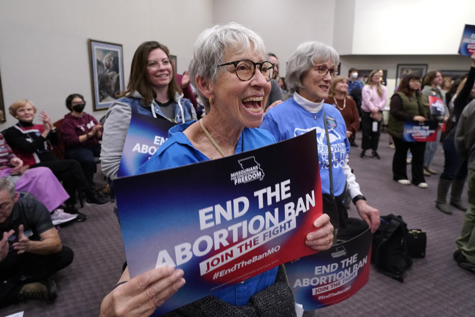 FILE - Pam Scovill, center, reacts to a speaker during Missourians for Constitutionals Freedom kick-off petition drive, Tuesday, Feb. 6, 2024, in Kansas City, Mo. Missouri senators on Wednesday, Feb. 7, 2024, voted against amending the state's strict law against abortions to allow exceptions in cases of rape and incest. (AP Photo/Ed Zurga, File)