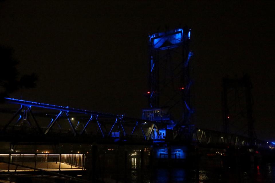 The Memorial Bridge is illuminated for Portsmouth's 400th anniversary year of events kicking off Friday, Jan. 6, 2023.