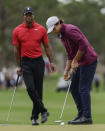 Tiger Woods, left, watches his son Charlie, right, putt ball during the final round of the PNC Championship golf tournament Sunday, Dec. 17, 2023, in Orlando, Fla. (AP Photo/Kevin Kolczynski)