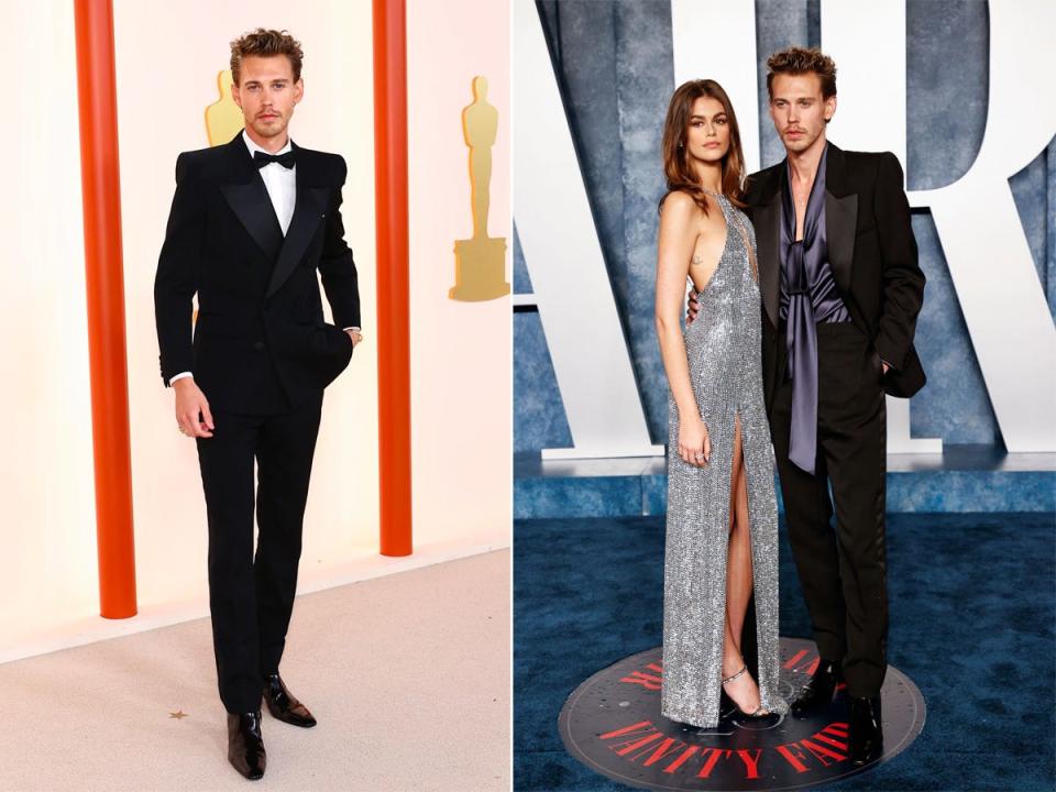 A side-by-side of Austin Butler at the Oscars and the Vanity Fair Oscars After Party in 2023.