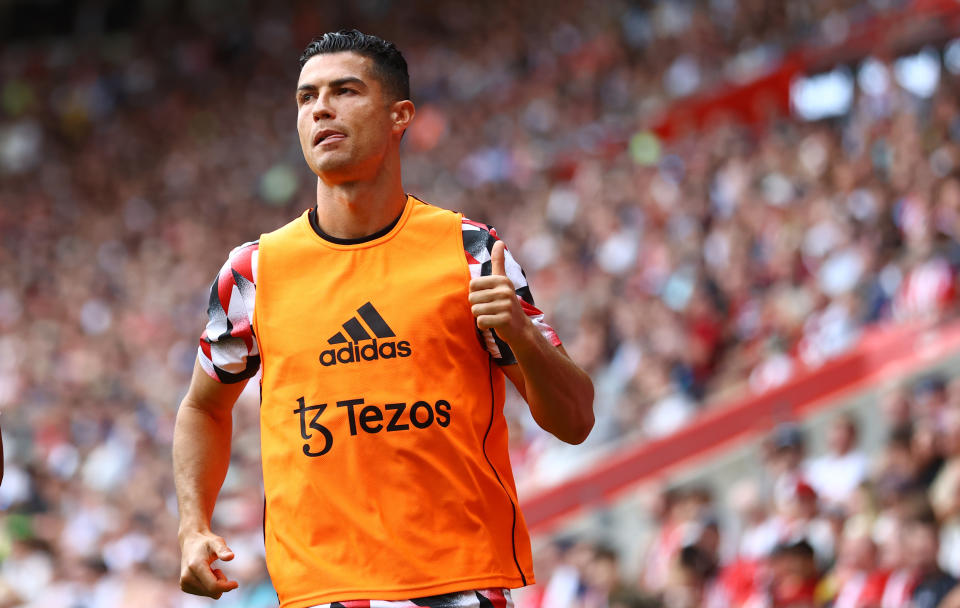 SOUTHAMPTON, ENGLAND - AUGUST 27: Cristiano Ronaldo of Manchester United during the Premier League match between Southampton FC and Manchester United at St. Mary's Stadium on August 27, 2022 in Southampton, England. (Photo by Matt Watson/Southampton FC via Getty Images)