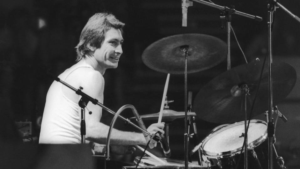 Drummer Charlie Watts of the Rolling Stones, at a British concert and sporting a new David Bowie style feather cut. (Photo by Daily Express/Hulton Archive/Getty Images)