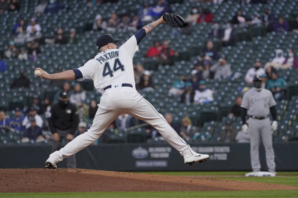 Seattle Mariners starting pitcher James Paxton throws to a Chicago White Sox batter during the first inning of a baseball game Tuesday, April 6, 2021, in Seattle. (AP Photo/Ted S. Warren)