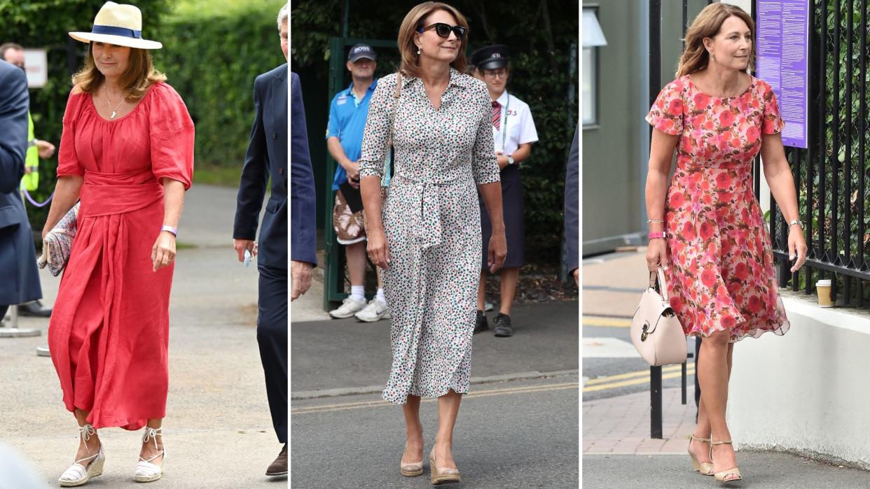  Composite of Carole Middleton wearing wedges to Wimbledon in 2021, 2018 and 2017. 