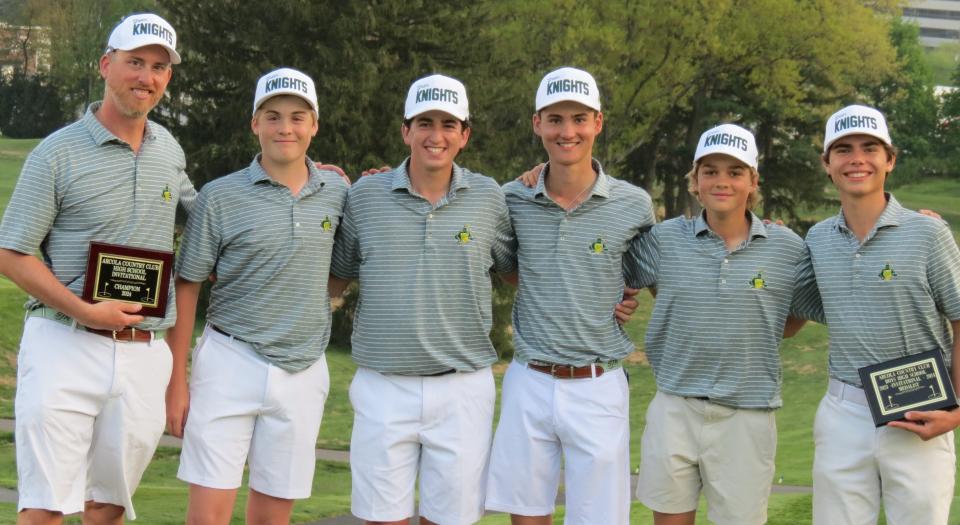 St. Joseph golf won the Arcola Invitational at Arcola CC in Paramus on Monday, April 29, 2024: From left: coach Kevin Rooney, John Fenton, Liam Moloney, CJ Antifonario, Darren Coyle, and Michael Asselta.