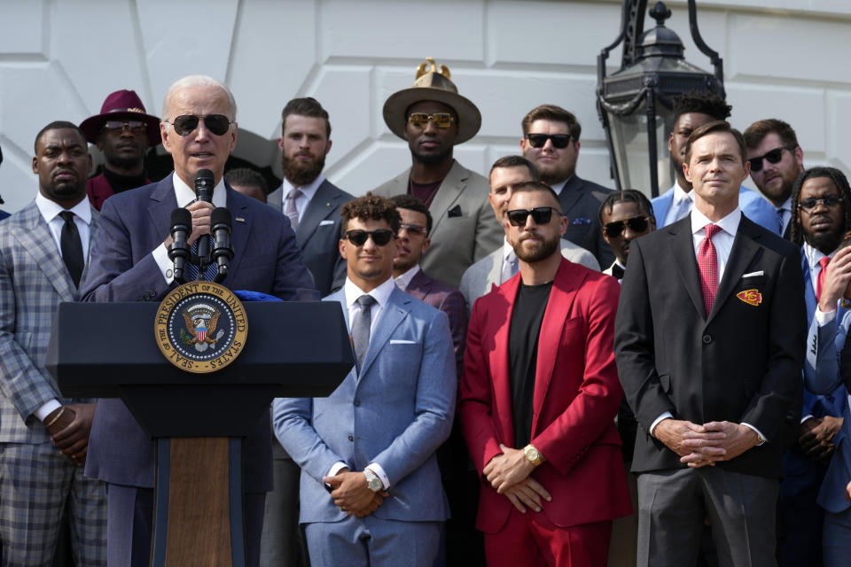 President Joe Biden welcomes the Kansas City Chiefs to the White House in Washington, Monday, June 5, 2023, to celebrate their championship season and victory in Super Bowl LVII, including quarterback Patrick Mahomes, tight end Travis Kelce and Mark Donovan, president of the Kansas City Chiefs, right. (AP Photo/Susan Walsh)