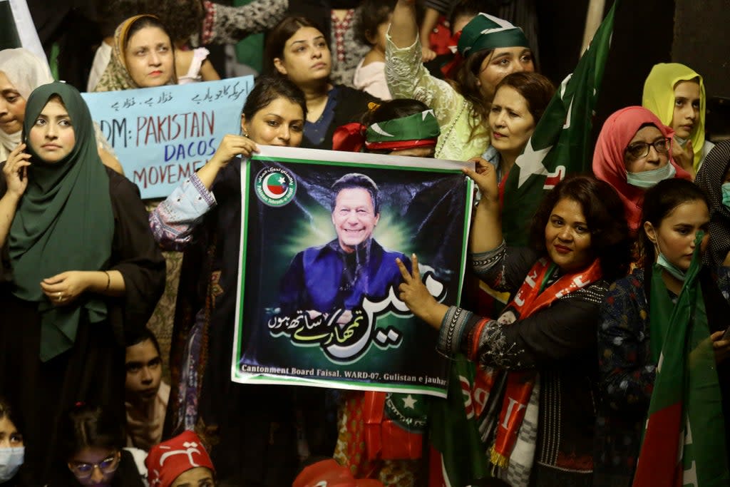 Supporters of deposed Prime Minister Imran Khan's party participate in a rally to condemn the ousting of their leader's government, in Karachi (AP)