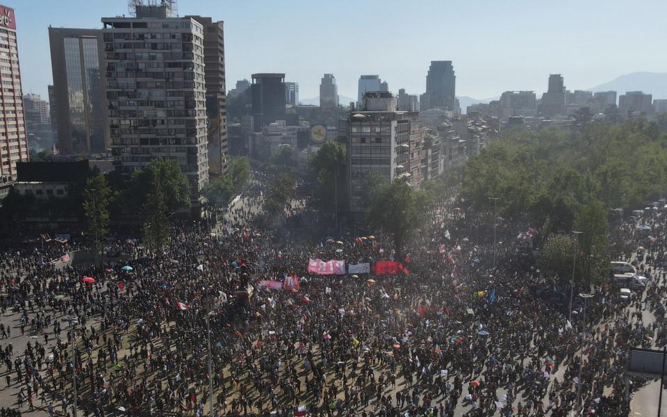 Aerial view of demonstrators during a protest at Plaza Italia - Getty