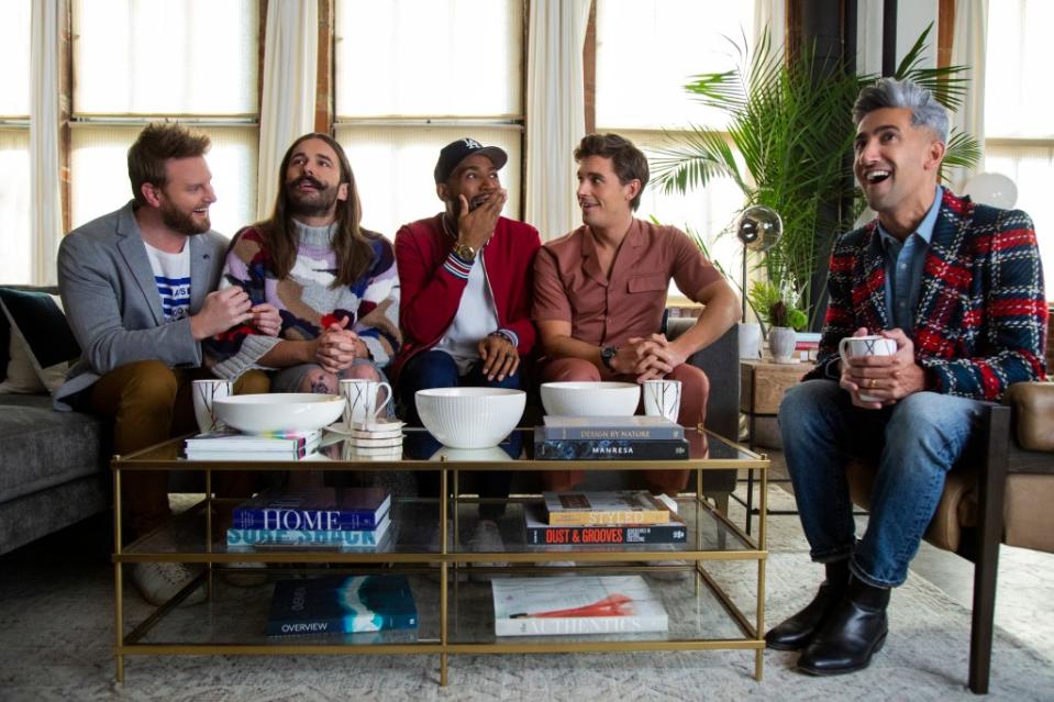 Bobby Berk (from left), Jonathan Van Ness, Karamo Brown, Antoni Porowski and Tan France are “not friends” behind the scenes, sources claim. Christopher Smith/Netflix