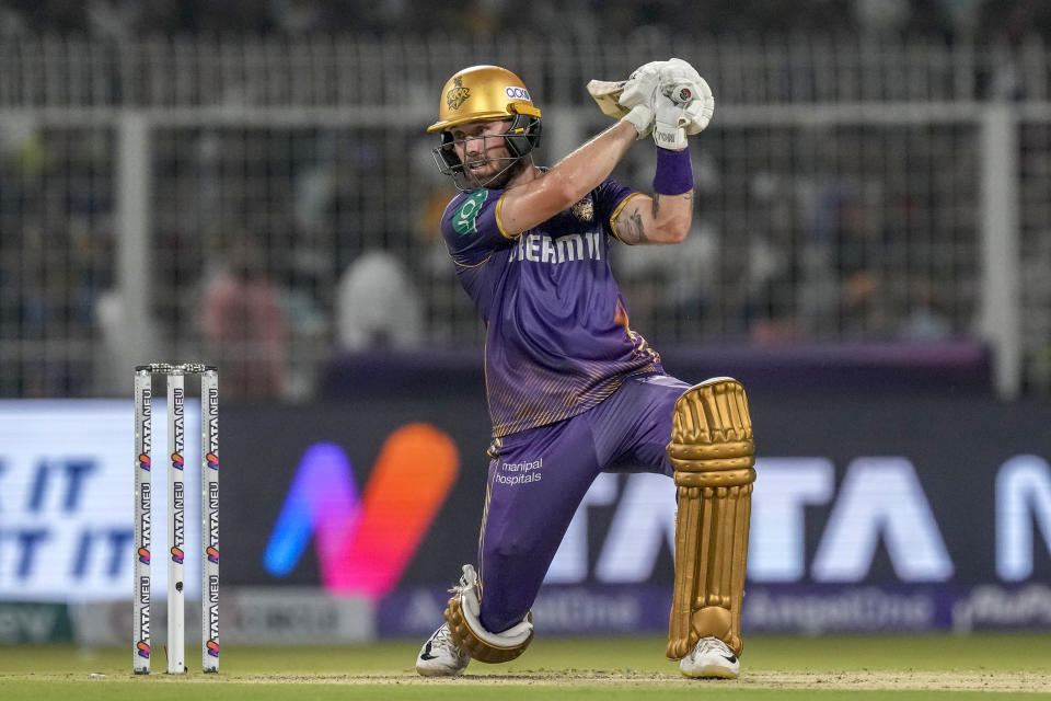 Kolkata Knight Riders' Phil Salt plays a shot during the Indian Premier League cricket match between Kolkata Knight Riders and Punjab Kings' in Kolkata, India, Friday, April 26, 2024. (AP Photo/Bikas Das)