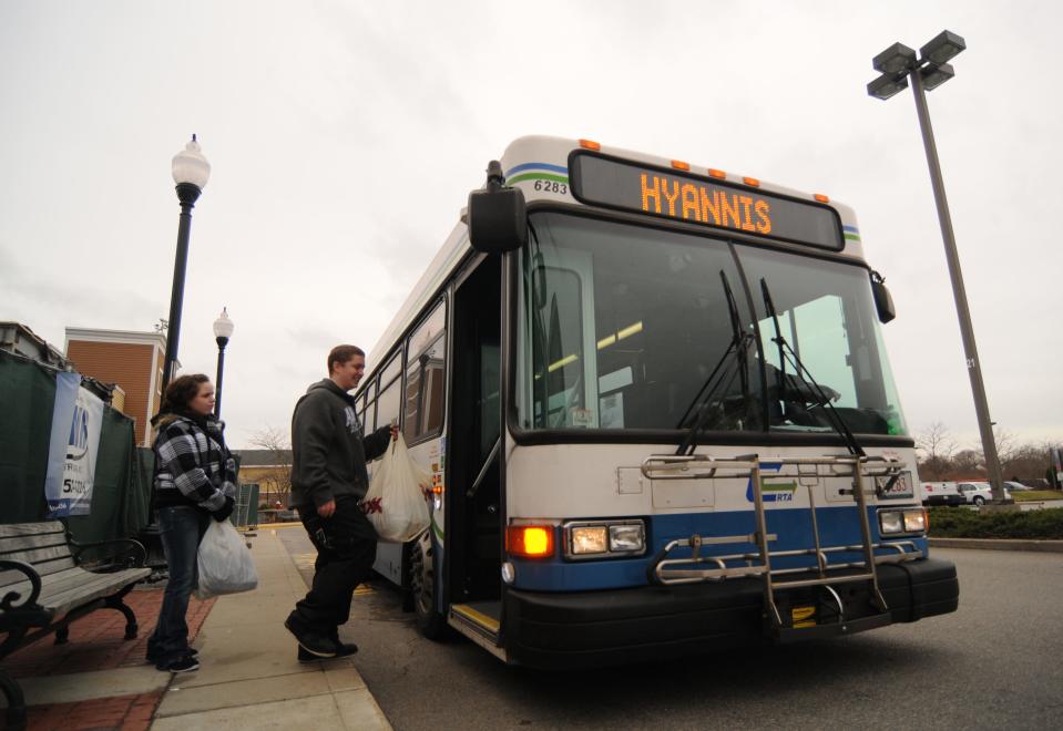 Local ridership on Cape Cod Regional Transit Authority shuttle buses on the Upper Cape is at 98.6% of 2019 levels, thanks in part to a new bus route from the Market Basket lot, next to the Sagamore Route 6 ramp, to Hyannis. Above, an authority bus picks up passengers at the Falmouth Mall in this file  photo.