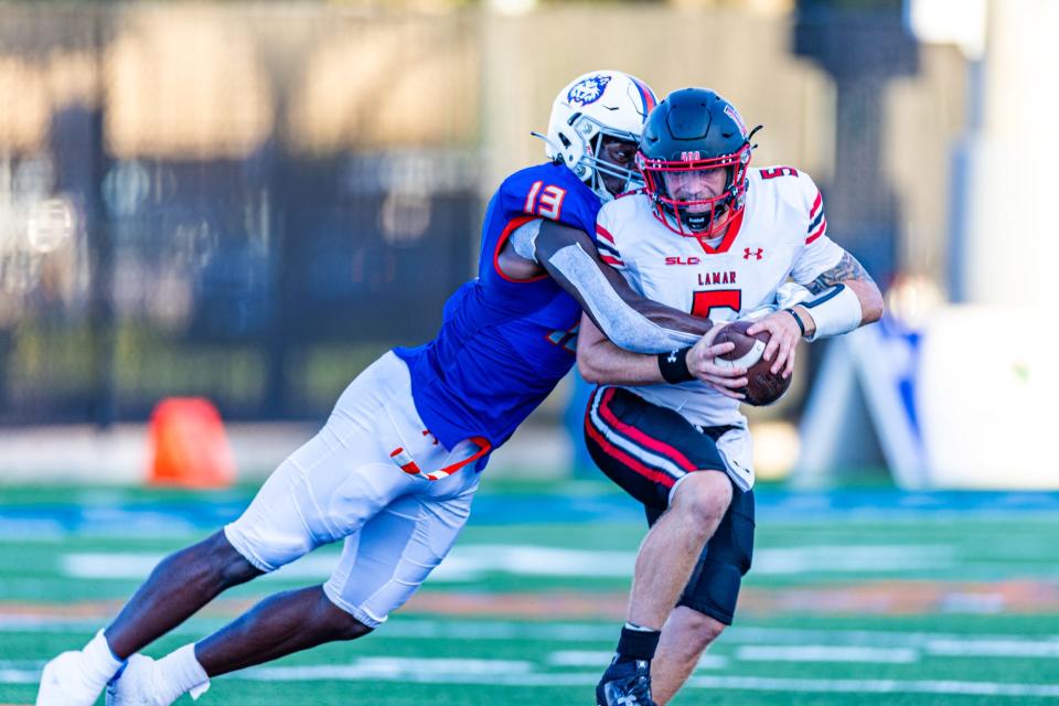 University High grad Jalyx Hunt (13) won Southland Conference Defensive Player of the Year honors in his final season at Houston Christian.