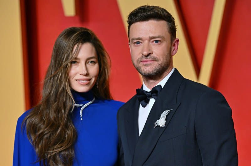 Justin Timberlake (R), pictured with Jessica Biel, released the album "Everything I Thought It Was" and a music video for the song "No Angels." File Photo by Chris Chew/UPI