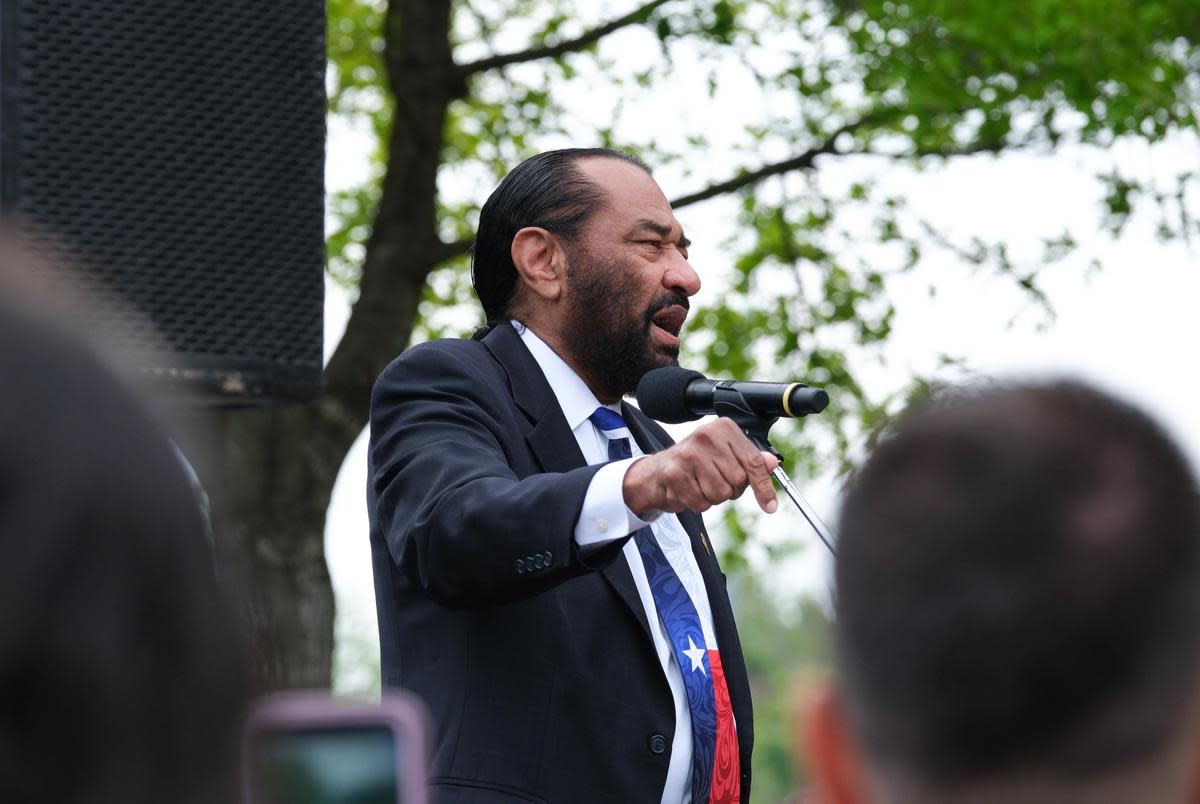 Congressman Al Green (D) speaks to the rallying crowd at Cesar Chavez High School about the takeover of HISD on March 31,2023