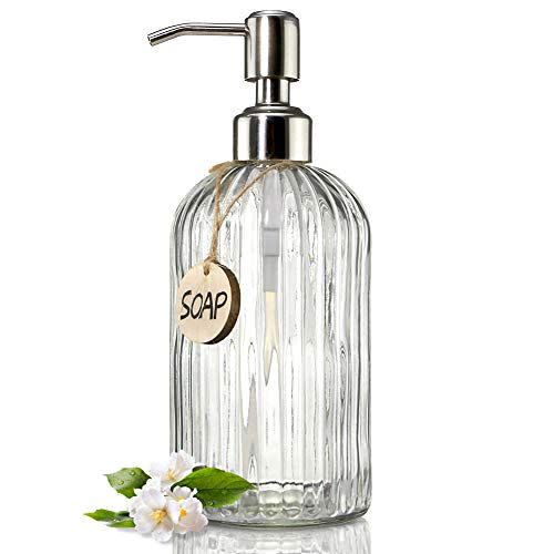 39) JASAI 18 Oz Clear Glass Soap Dispenser with Rust Proof Stainless Steel Pump, Refillable Liquid Hand Soap Dispenser for Bathroom, Premium Kitchen Soap Dispenser (Clear)