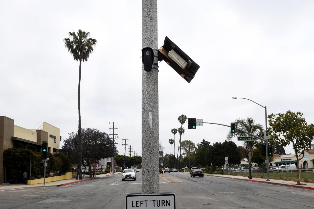 A Flock Safety camera attached to a pole in Ventura in 2023. Moorpark will receive 15 of the cameras as part of an effort to reduce retail theft around Ventura County.