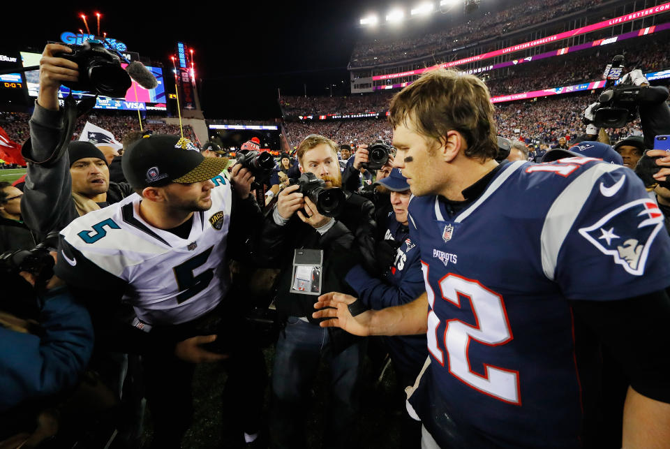 Tom Brady got the best of Blake Bortles and the Jaguars in January’s AFC championship game. (Getty Images)