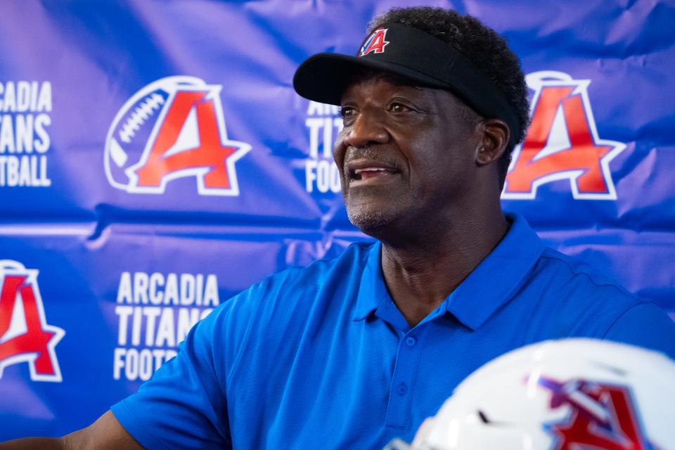 Arcadia football coach Ray Brown speaks to reporters at the school's media day in the Arcadia field house on Aug. 20, 2022, in Phoenix.