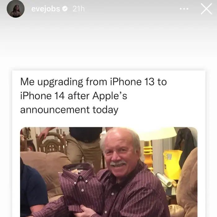 Eve Jobs postete dieses Meme auf Instagram und machte sich lustig über das neue iPhone 14.  - Copyright: Instagram