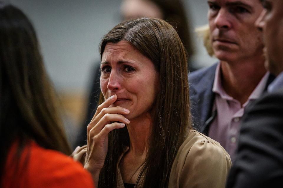 Tracy Ferriter, Jupiter, readies to leave court without her husband, Timothy Ferriter, after he was found guilty in the aggravated child abuse jury trial against him at the Palm Beach County Courthouse in downtown West Palm Beach, Fla., on October 12, 2023.