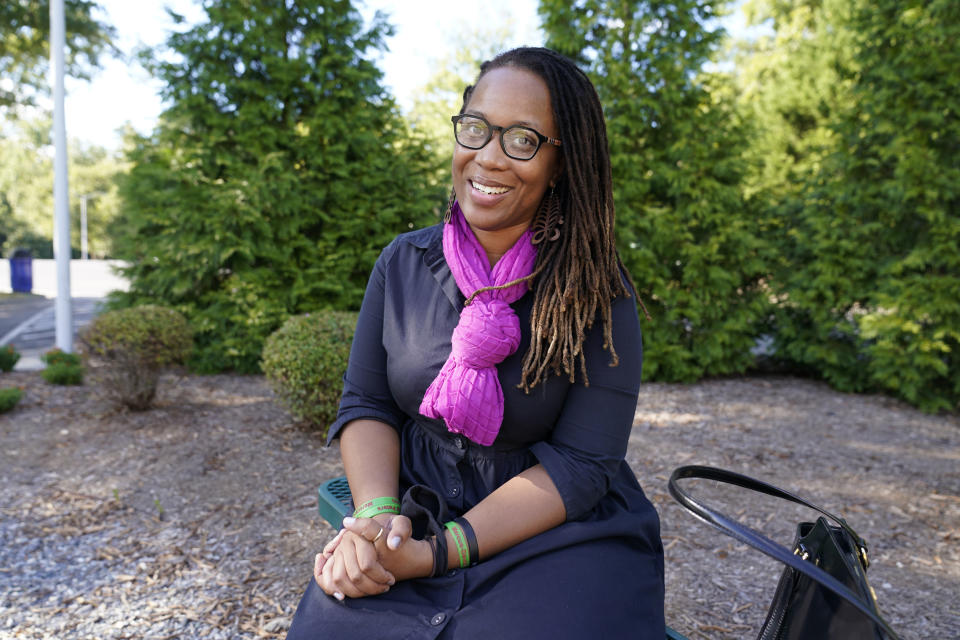 Third party gubernatorial candidate Princess Blanding gestures during an interview in Saluda, Va., Friday, Oct. 1, 2021. Blanding, a Black activist and educator known for her dogged advocacy for racial justice and police reforms, is making a long-shot third-party bid for Virginia governor. (AP Photo/Steve Helber)