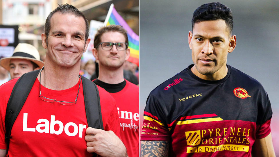 Gay rugby league icon Ian Roberts is pictured here alongside a photo of Israel Folau. 