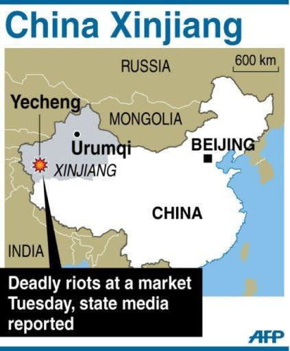 A map locating Yecheng in China's Xinjiang region. Twenty people died when a group armed with knives attacked a market in Xinjiang, the latest outbreak of violence in the ethnically divided Chinese region, authorities said Wednesday