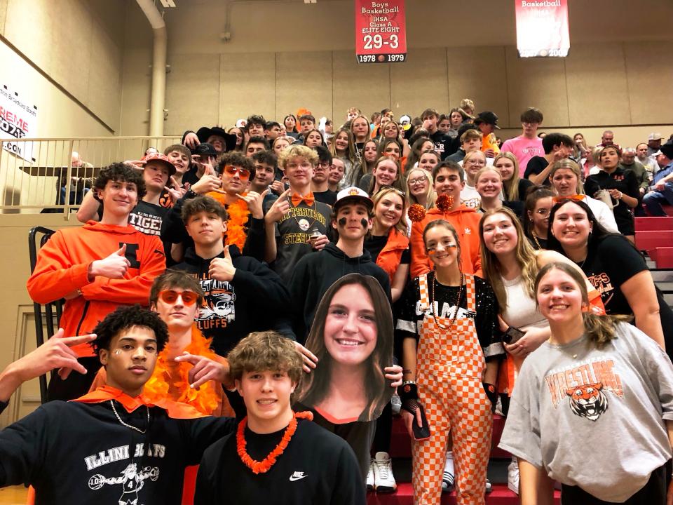 Illini Bluffs High School students made their presence felt as they backed their team and later stormed the court after IB upset No. 1 Galena, 47-41, in the IHSA Class 1A girls Super-Sectional at Brimfield on Monday, Feb. 26, 2024.